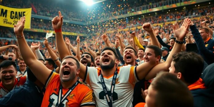 Fans celebrate title victory with players in the background.