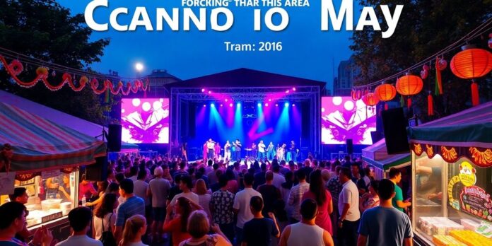 Colorful outdoor concert with lively crowd and performers.