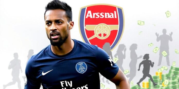 Mikel Arteta and Arsenal logo with football transfer visuals.