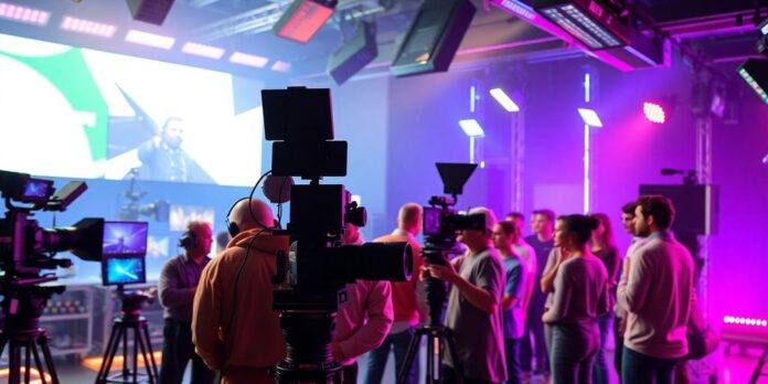 Futuristic film set with diverse filmmakers collaborating.