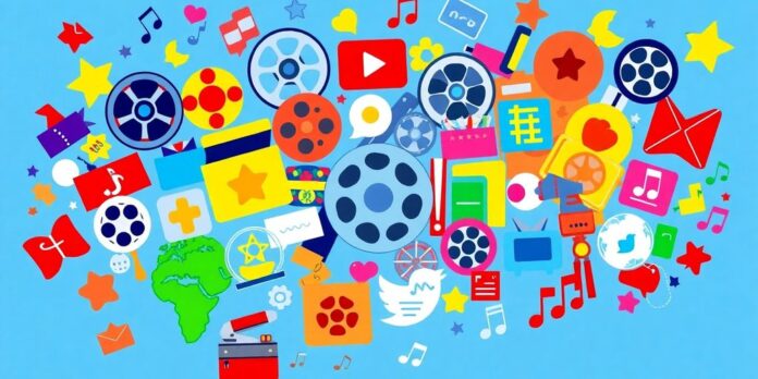 Collage of global entertainment icons and cultural symbols.