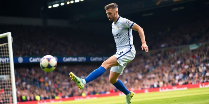 Jamie Vardy in action, wearing Leicester City kit.