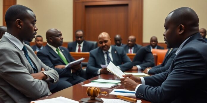 Courtroom in Abuja with lawyers and legal discussions.