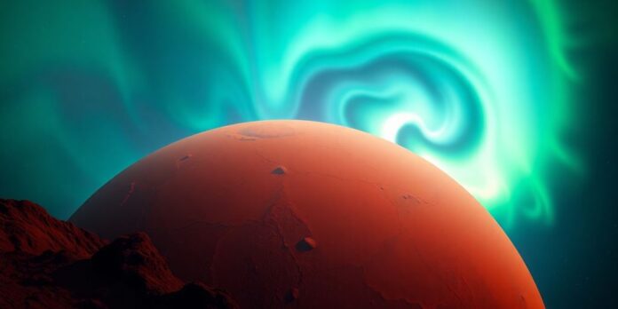Vibrant auroras glow over the surface of Mars.
