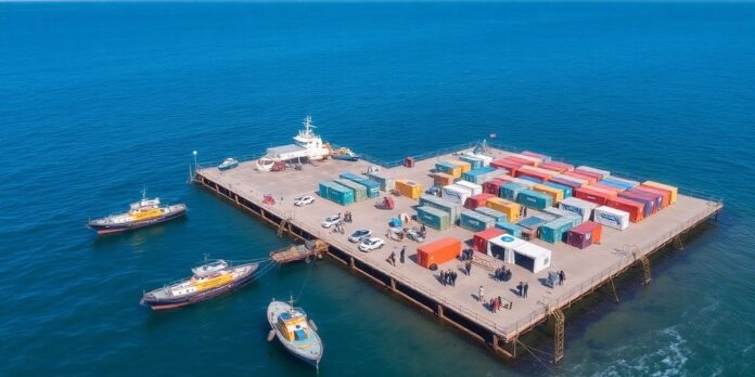 Coastal facility for asylum seekers with boats and security.