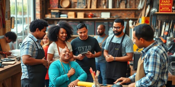 Diverse small business owners collaborating in an urban setting.