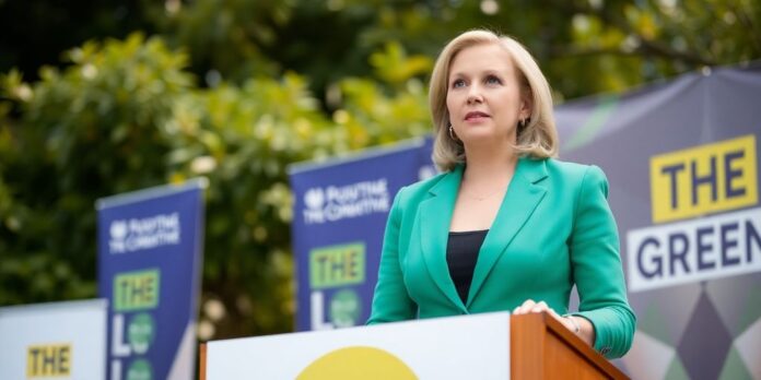 Larissa Waters speaking at a political event outdoors.