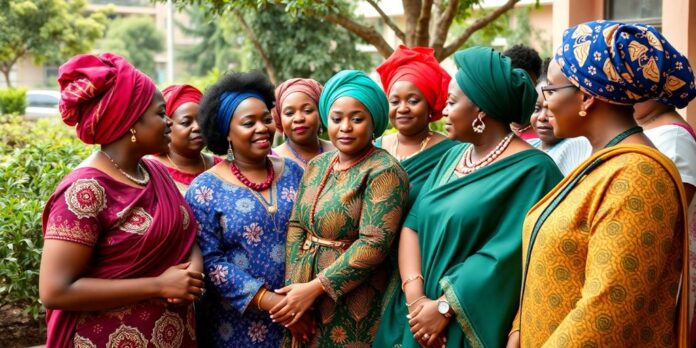 Diverse Nigerian women engaged in political discussion outdoors.