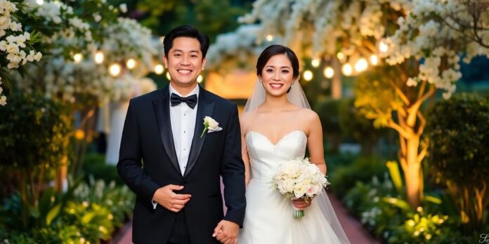 Kwon Yool and bride celebrating their wedding day happily.