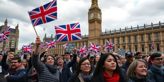 Crowd outside Parliament reacts to immigration policy changes.