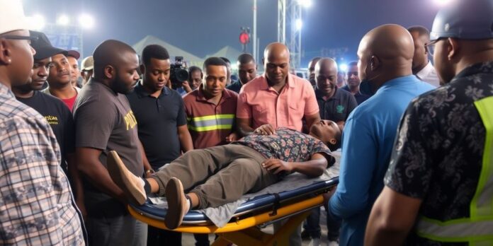 Godwin Nnadiekwe on stretcher, surrounded by worried crew.