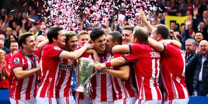 Sunderland players celebrating their Championship Play-Off Final victory.
