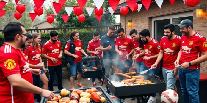 Fans celebrating with BBQ in Manchester United jerseys.