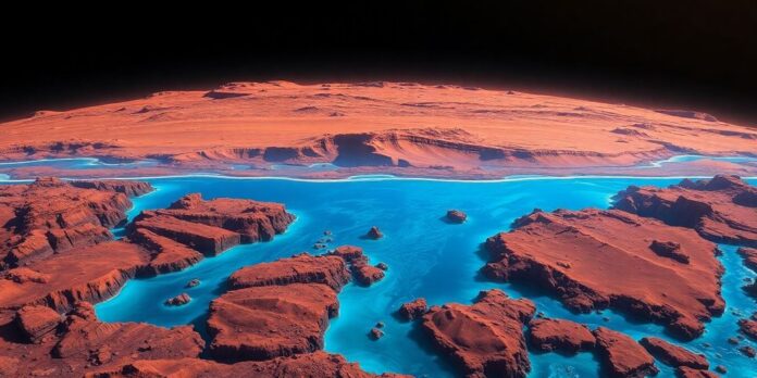 Mars landscape with hidden ocean beneath the surface.