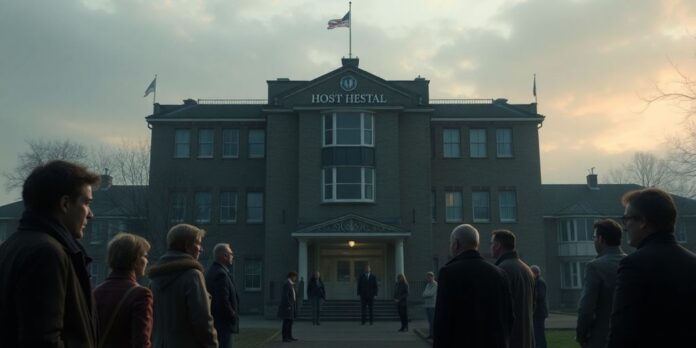 Hospital building in Essex with concerned individuals outside.