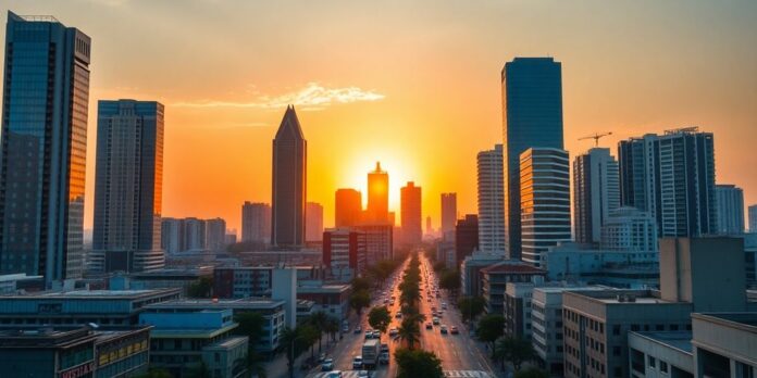 Lagos skyline featuring modern tech buildings at sunset.