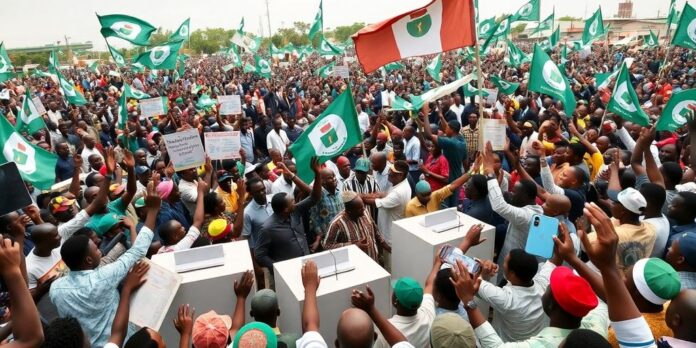 Crowd at a political rally amid Nigeria's leadership crisis.