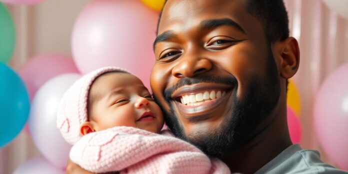 Yul Edochie holding his new baby girl, smiling joyfully.