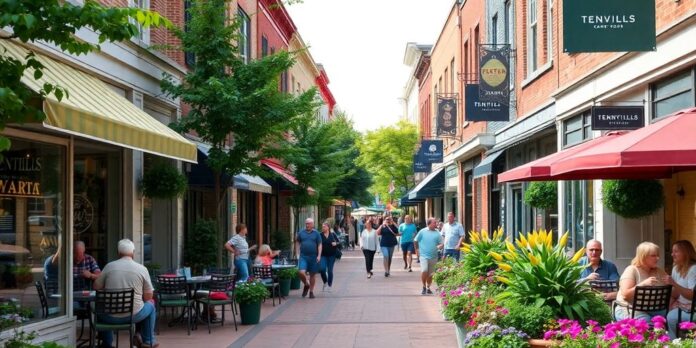 Vibrant downtown with engaging storefronts and outdoor dining.