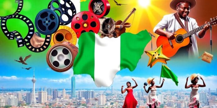 Collage of Nigeria's entertainment culture and vibrant city life.