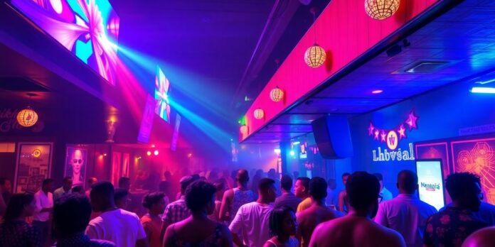 Lagos nightlife with entertainment venues managing noise levels.