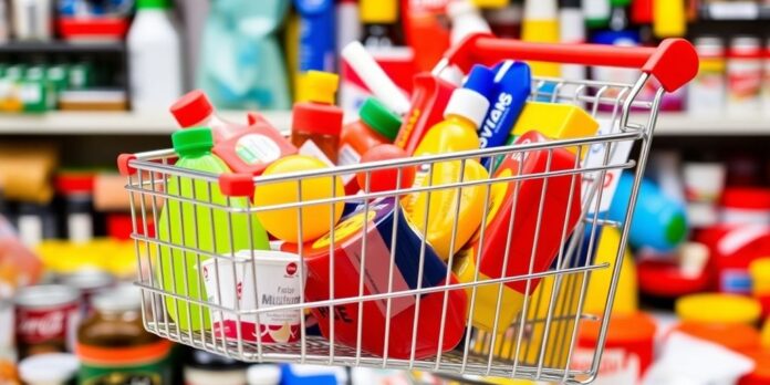 Shopping cart filled with diverse American products.