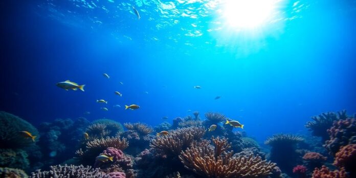 Vibrant underwater scene with marine life and coral formations.