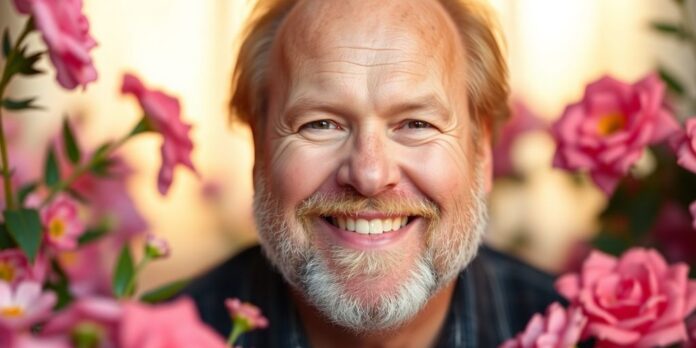 Smiling portrait of actor Timothy West surrounded by flowers.