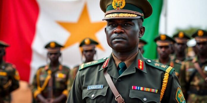 Military officer in front of Mali flag and soldiers.
