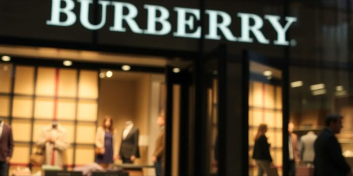 Burberry's check pattern over a blurred retail store backdrop.