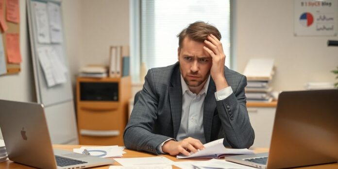 Concerned worker amidst economic challenges and job insecurity.