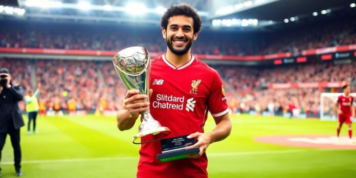 Mohamed Salah celebrating with his Player of the Season trophy.