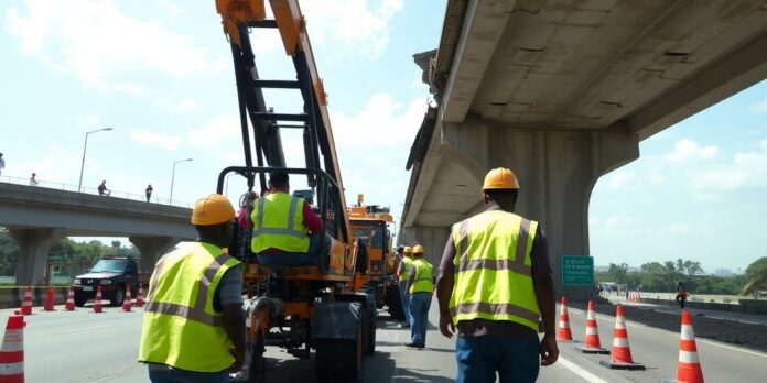 Construction workers repairing a bridge on the expressway.