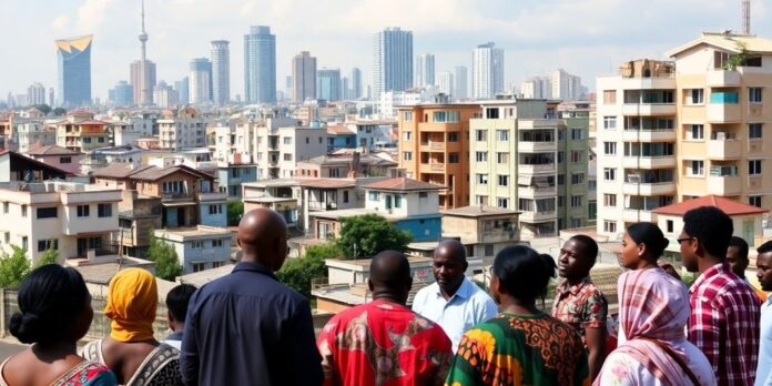Diverse people discussing housing in Lagos urban setting.