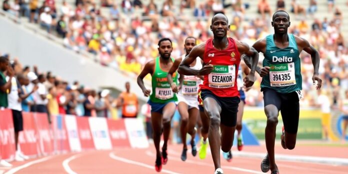 Ezeakor and Odumosu sprinting in the 100m final.