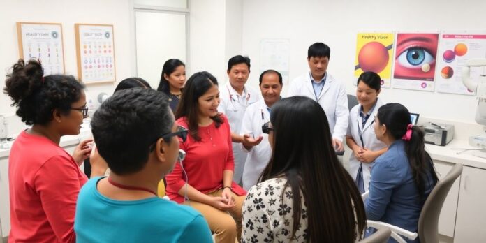 People receiving eye care in a modern clinic setting.