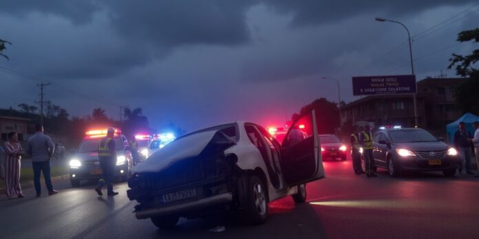 Damaged vehicle with emergency responders at accident scene.