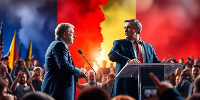 Candidates debate with supporters cheering in vibrant colors.
