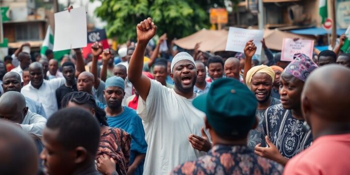 Crowd in Kano discussing political program ban controversy.