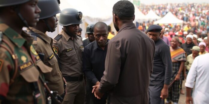 Security personnel apprehending a suspect at Hajj Camp.