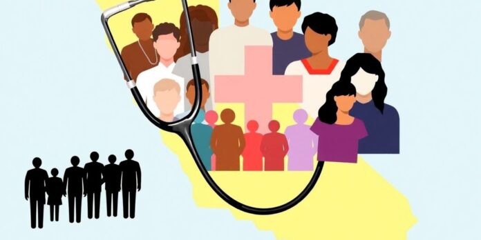 Healthcare symbols and California map with diverse community figures.