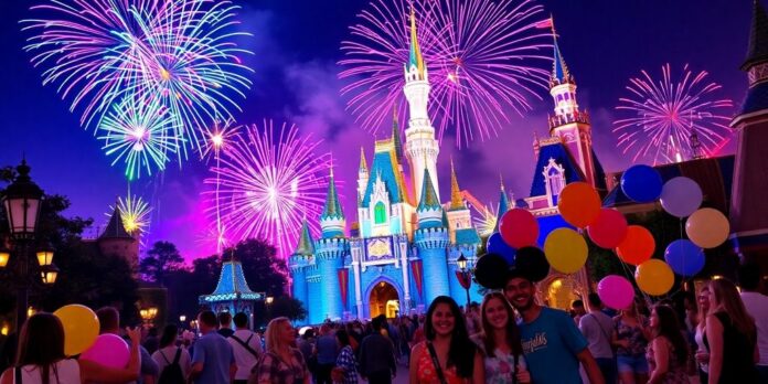 Fireworks over Disneyland during 70th anniversary celebration.