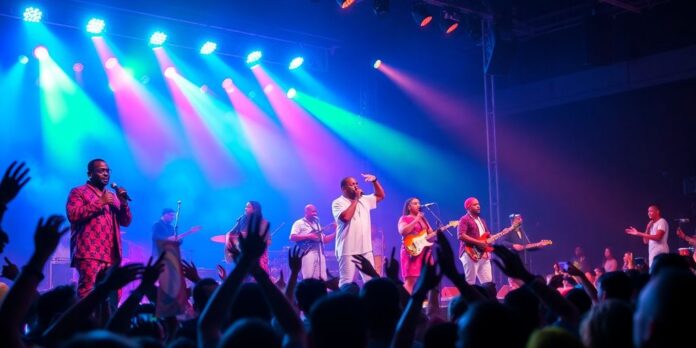 Nigerian artists performing live in a vibrant, energetic venue.