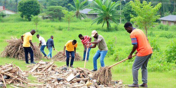 Workers cleaning up waste in Lekki's natural environment.