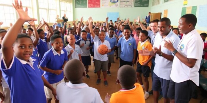 Students playing sports with coaches cheering in the background.