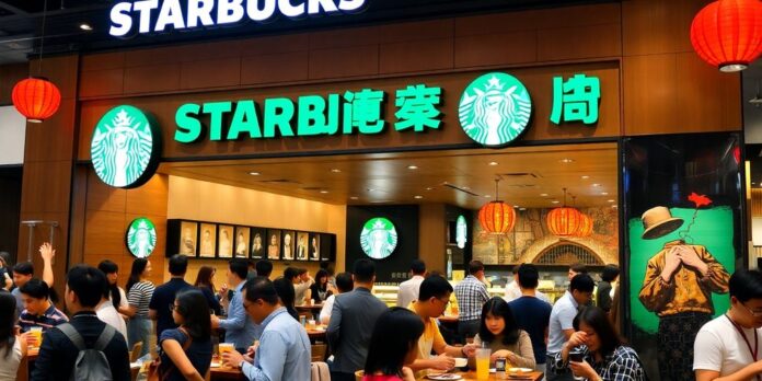 Starbucks store in China filled with happy customers.