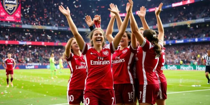 Chloe Kelly celebrates with Arsenal teammates in Champions League final.