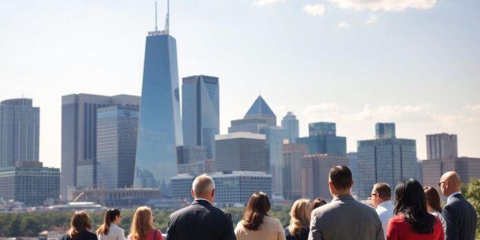 Texas skyline with business professionals in discussion.