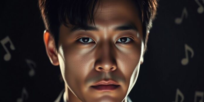 Jeon Ho Jun with a serious expression and musical notes.