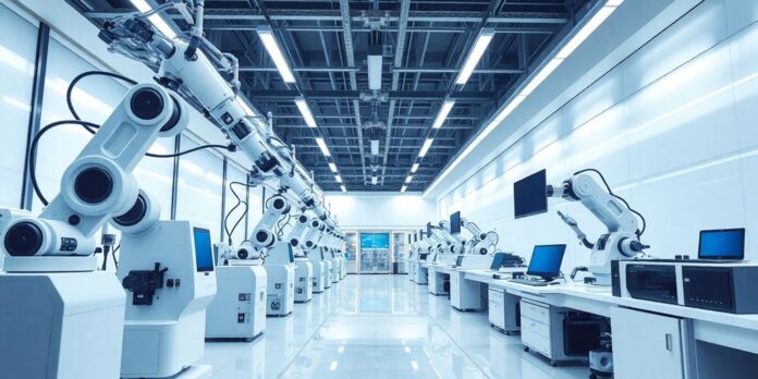 Futuristic automated laboratory with advanced robotics and equipment.
